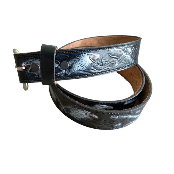 Full Grain Cowhide Black Leather Painted Embossed Eagle Belt 7 Holes - Picture 1 of 7